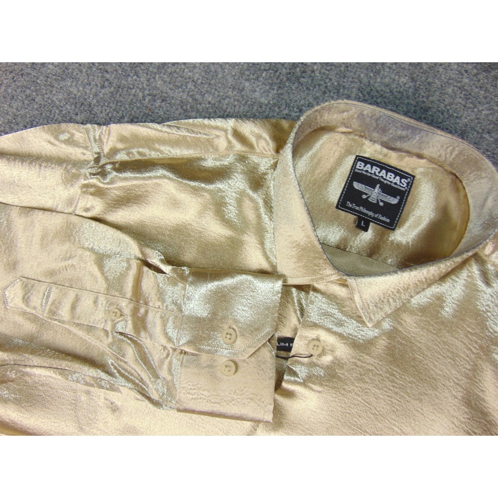 Barabas Shirt Men Large Slim Fit Gold Solid Metallic Disco Party Club Glam Vegas